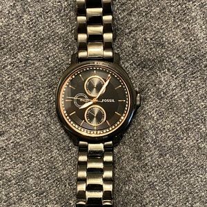 Fossil watch.  Black and rose gold.